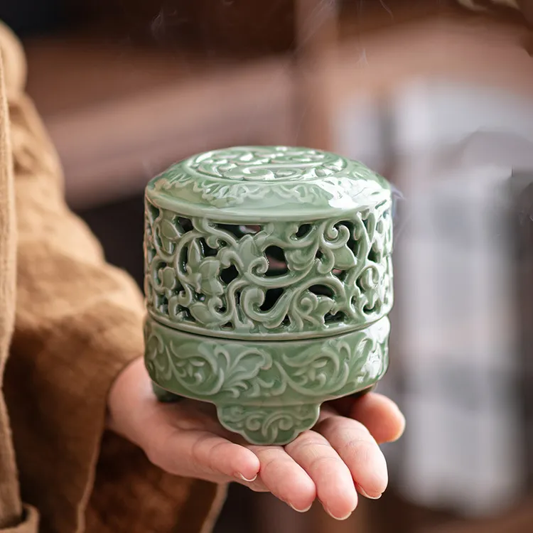 【达人专属】缠枝莲青瓷香炉越窑梅子香炉带家用室内创意盘香檀香陶