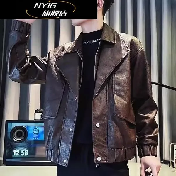 NYIG韩版皮衣男潮流休闲外套秋冬时尚百搭痞帅夹克炸街帅气机车服