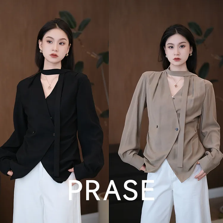 PRASE·噜【丽芙衬衫】微胖轻奢设计款秋女气质V领飘带衬衫PR507B100