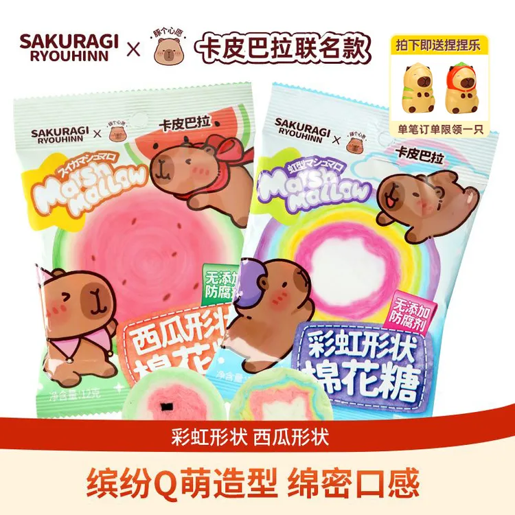 樱木良品卡皮巴拉联名彩虹棉花糖西瓜形童年拉丝棉花糖入口即化