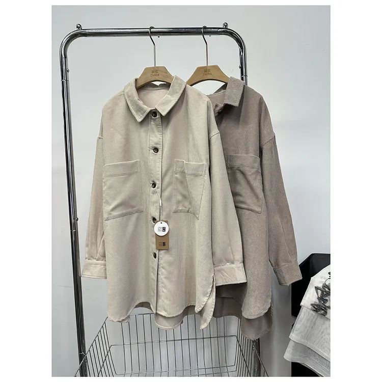 C178 春秋新款纯色宽松翻领长袖女士单排扣休闲衬衫外套
