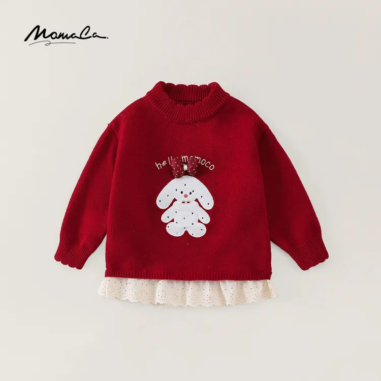 MOMOCO女童冬季时尚卡通贴布花边下摆保暖针织毛衣77830230063