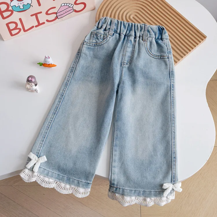 【热推爆款】女童秋季韩版新品牛仔裤2025洋气甜美蕾丝花边蝴蝶结阔