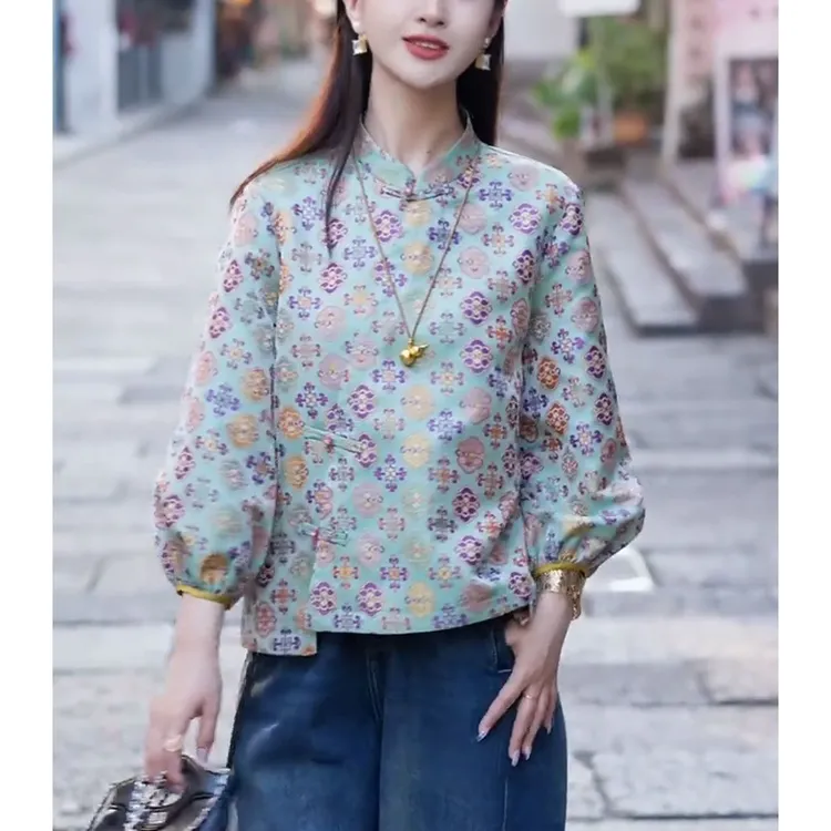 国风新中式显瘦遮肉打底衫女早新款2025宽松圆领套头印花复古上衣