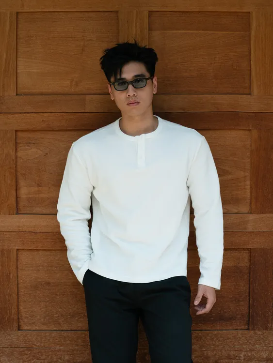 【破壳计划】330g钻石纹亨利领华夫格美式正肩纯色百搭休闲长袖