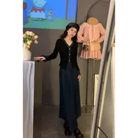 2025年秋季新款拼色长袖上衣+高腰半身裙两件套女韩系一整套穿搭