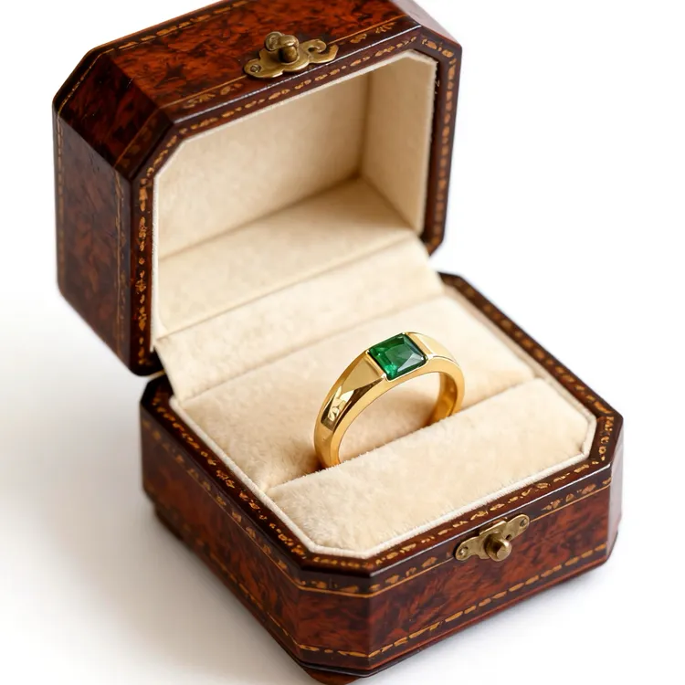 钛钢合成锆石戒指 复古法式绿色简约小方糖大气戒轻奢戒指