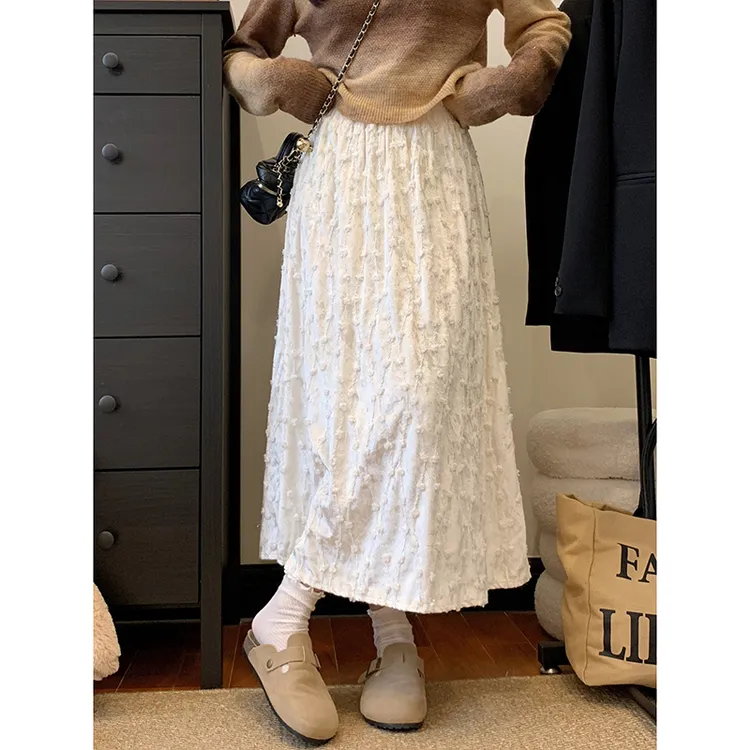 秋冬新款小众立体提花丝绒A字高腰半身裙气质垂感显瘦长款大摆裙