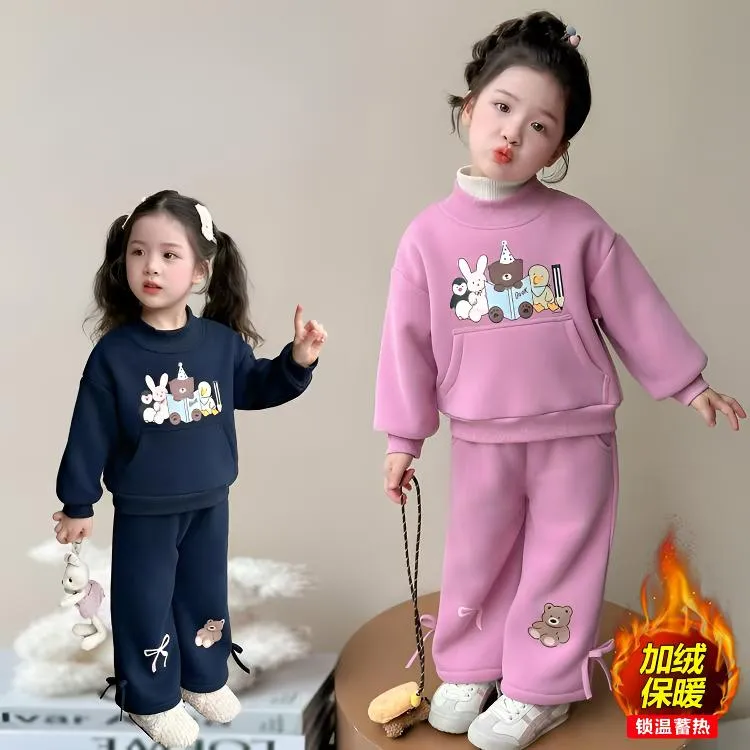 女童韩版冬季加绒加厚套装2025新款卡通印花宝宝可爱洋气两件套