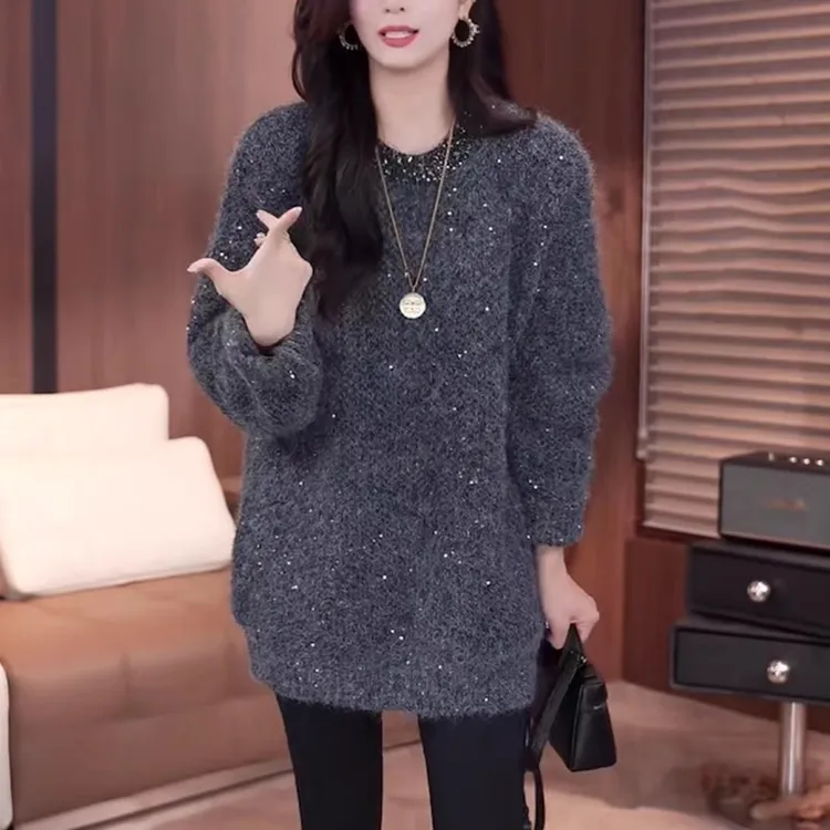 灰色重工亮片毛衣女早秋季慵懒高级感宽松加厚内搭打底针织衫上衣
