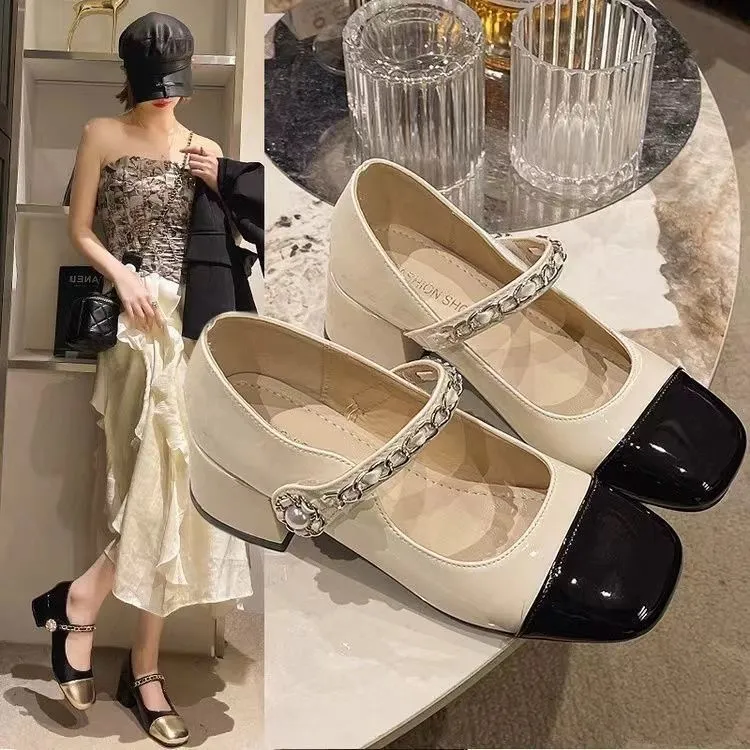 珍珠单鞋玛丽珍鞋子女2025年新款早春小香风复古粗跟中跟小皮鞋秋
