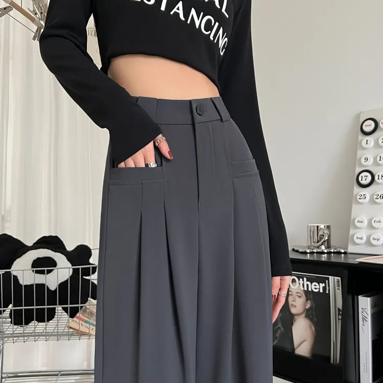 梨形身材黑色西装裤女春夏垂感胖mm大码高腰显瘦女休闲裤阔腿裤子