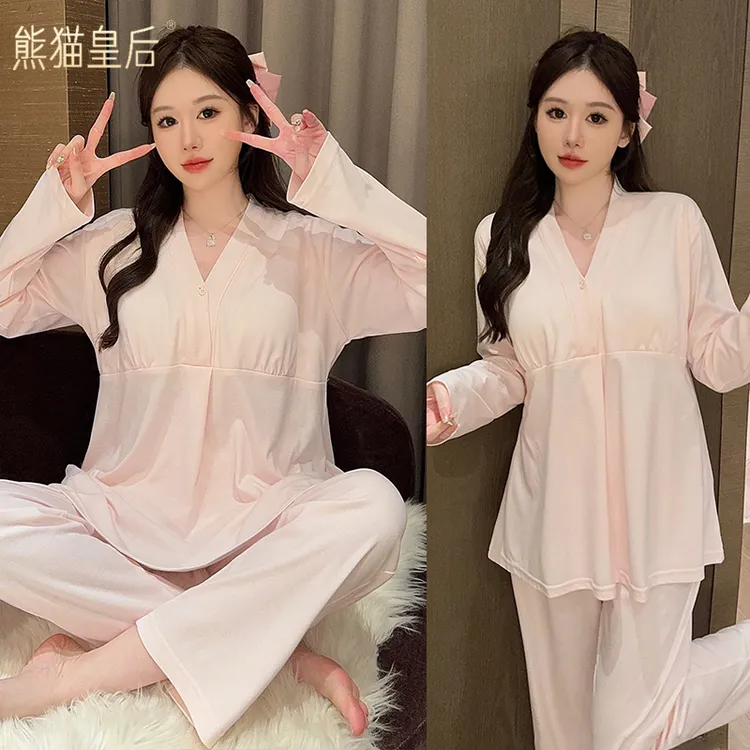 带胸垫月子服春夏季薄款产后纯棉100%全棉哺乳孕妇睡衣9-10月产妇