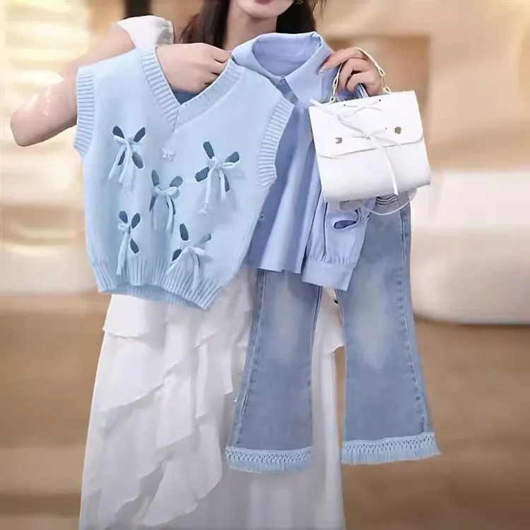 女童春秋套装2025新款儿童洋气衬衫马甲牛仔裤女孩秋装时髦三件套