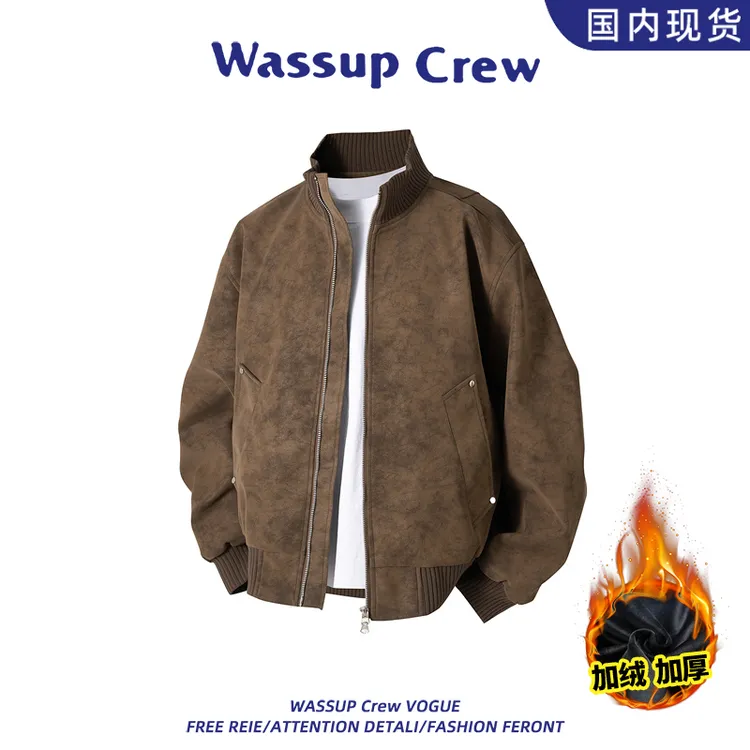 WASSUP CREW复古扎染夹克男秋冬季新款美拉德立领工装皮夹克外套商品图