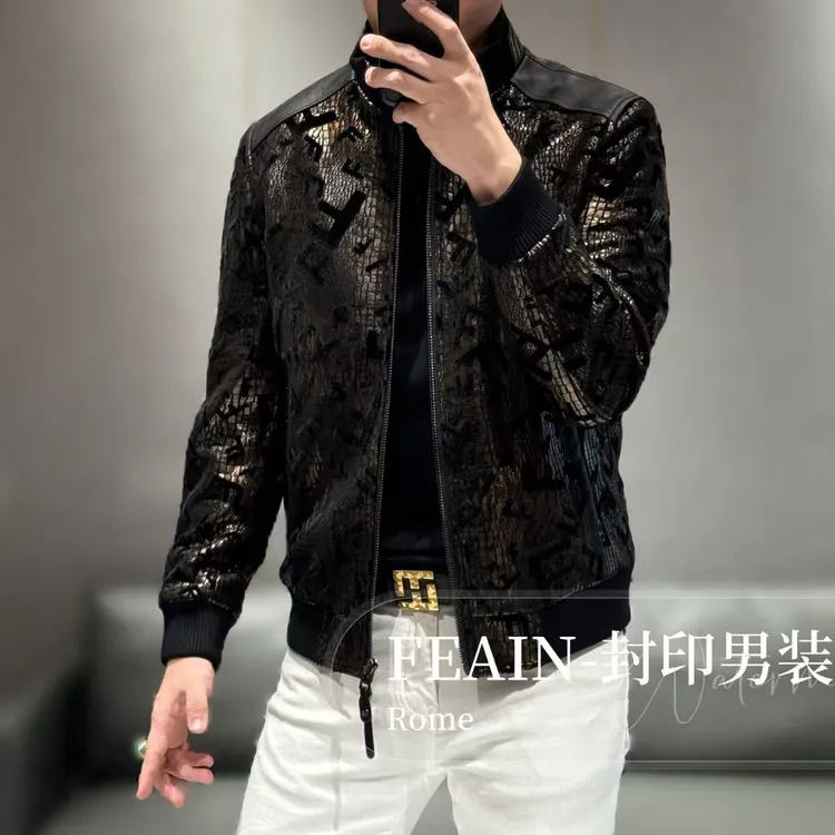 【真皮拼接】高端男士立体激光雕花植绒工艺加棉夹克J525