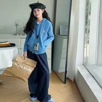 【Maila童装】女童韩系拉链连帽毛衣开衫春秋洋气牛仔阔腿裤两件套
