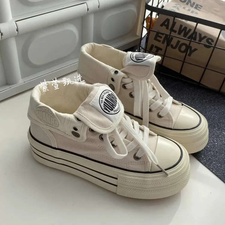 高帮厚底两穿帆布鞋女2025新款春季复古白色增高小众设计休闲板鞋