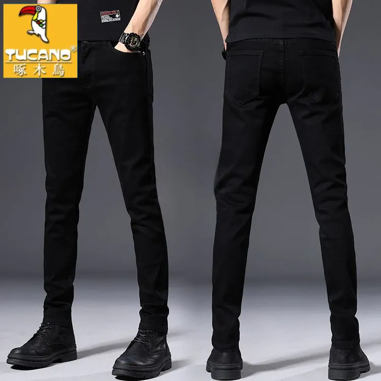 啄木鳥秋冬款黑色牛仔裤男士修身弹力休闲显瘦冬季加绒抗寒裤子