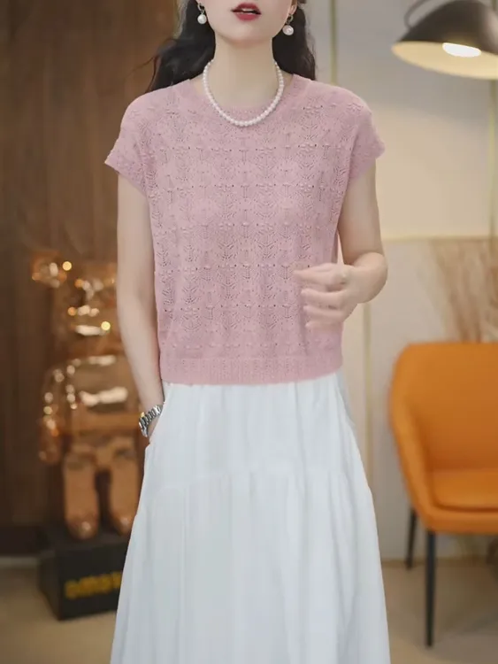 天丝桑蚕丝轻薄透气圆领纯色镂空针织衫2025新款宽松百搭气质上衣