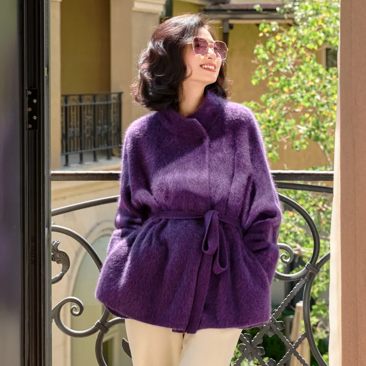 西子/【墨域绒光】牦牛绒重工三层拉毛气质领系带收腰大衣/WTBH872