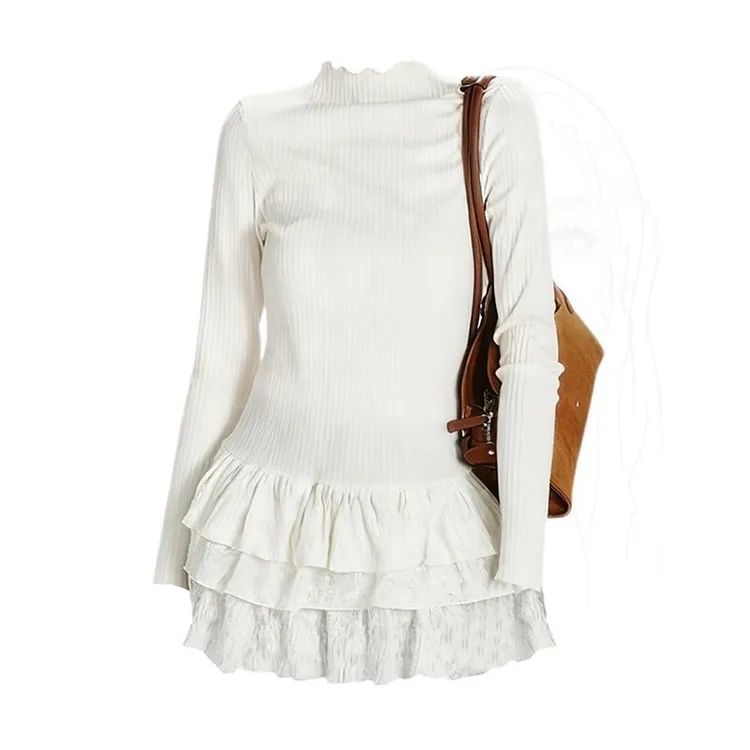 德绒保暖半高领长袖t恤女冬季蛋糕裙修身蕾丝花边内搭打底衫上衣