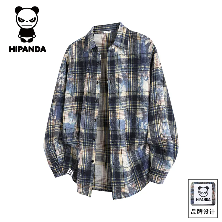 Hi Panda你好熊猫美式格子长袖衬衫男士2025秋季新款宽松百搭衬衣