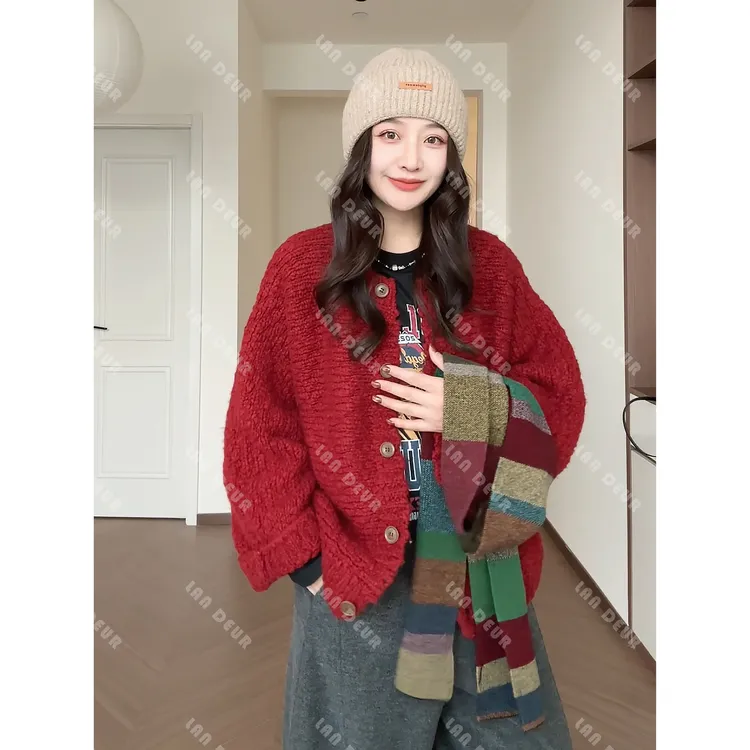 【圆莓甜卷】羊毛针织外套红色气质复古慵懒风毛衣开衫女