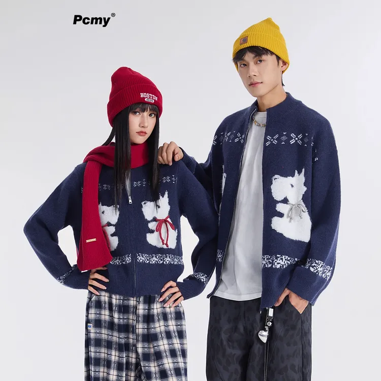 PCMY潮牌立体小狗提花针织拉链开衫慵懒高级感情侣装毛衣休闲外套