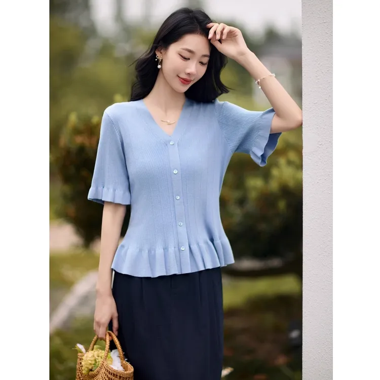 【静雅佳人】清爽莱赛尔 法式淑女 V领收腰显瘦针织衬衫上衣女25夏