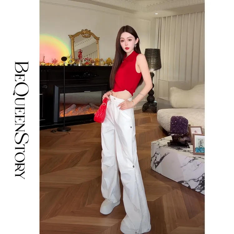 余潇潇【热情漫游】时尚气质丝光棉斜拉链翻领无袖修身上衣2025早秋