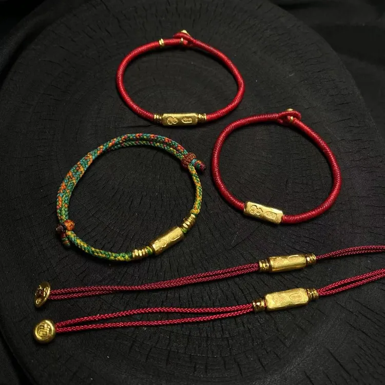 禾乐足金錾刻吉言金条蜡绳红绳编绳手链 G0