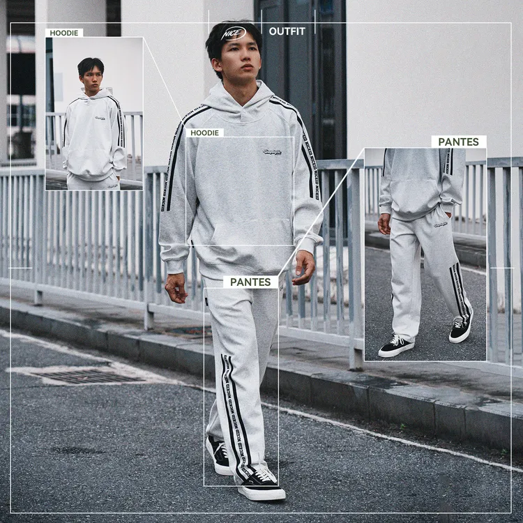 NICEID NICE条纹印花运动卫衣牛奶丝男春秋休闲宽松连帽圆领套头