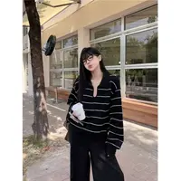 法式别致宽松慵懒风长袖上衣早秋休闲百搭条纹针织衣82072#0.15