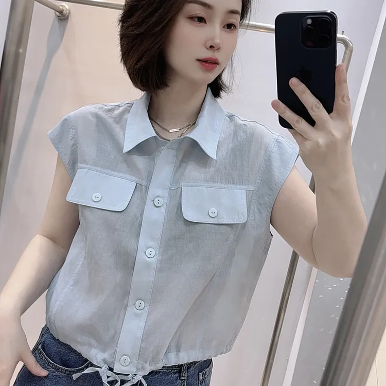 【2829】夏季时尚薄款纯色麻衬衣翻领显瘦韩版宽松小众上衣
