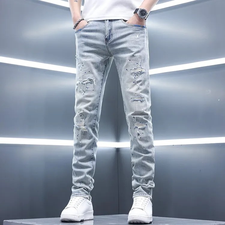 2025新款男士裤子男款牛仔裤男夏季薄款修身小脚破洞潮牌痞帅炸街