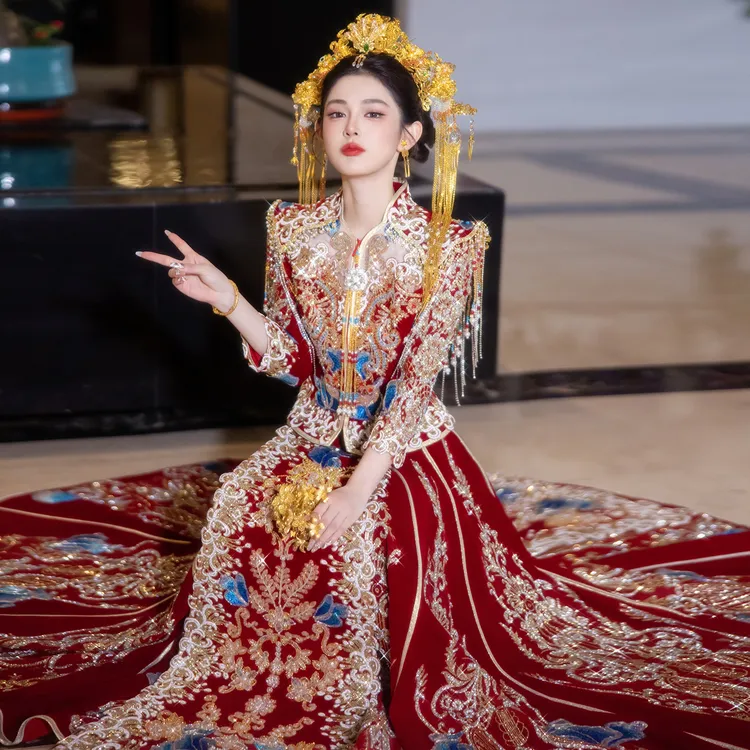 高端丝绒秀禾服婚服2025年新款新娘结婚中式龙凤褂出门服高端嫁衣