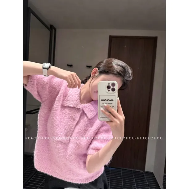 『PEACHZHOU』羊毛混纺圈圈纱宽松翻领针织衫洋气减龄休闲毛衣短袖