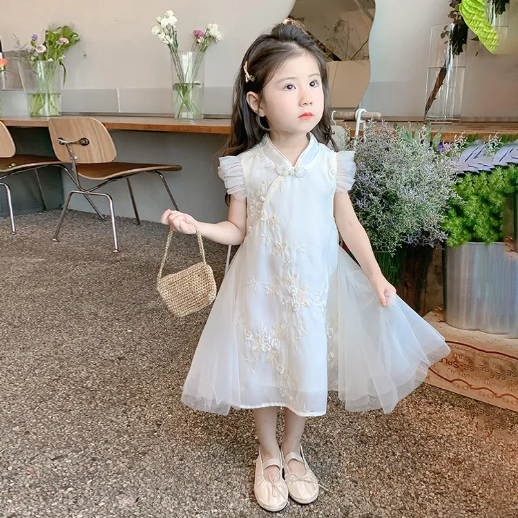 女童旗袍连衣裙夏季洋气儿童裙子小飞袖公主裙新款宝宝刺绣网纱裙