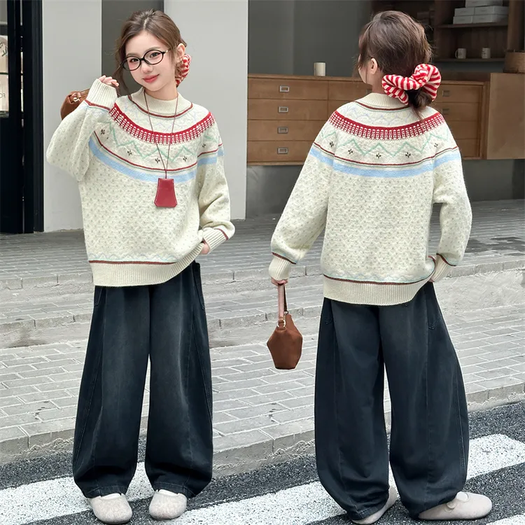 女童秋冬款韩版休闲毛衣弯刀牛仔裤套装中大童小女孩洋气儿童秋装