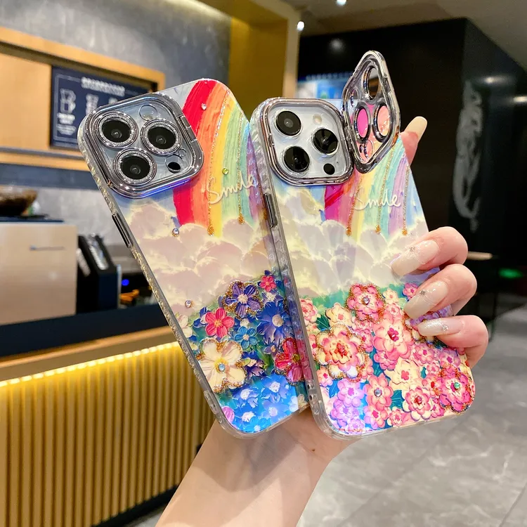 适用苹果系列iPhone16新款手机壳彩虹花海手链银灰色闪粉镜头支架