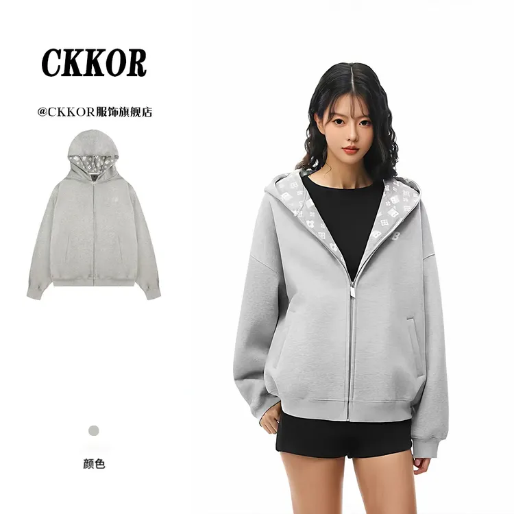 CKKOR美式潮牌刺绣卫衣春秋新款oversize休闲慵懒风拉链连帽外套