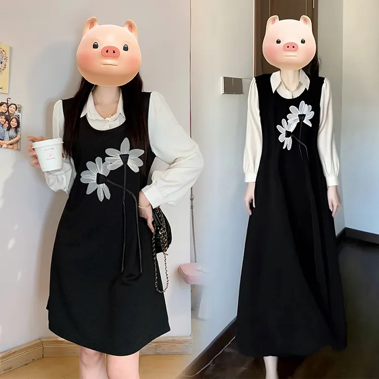 大码黑色连衣裙秋冬穿搭假两件高级感胖mm连衣裙女显瘦裙子