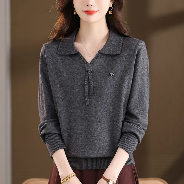 春秋季大码翻领针织衫女宽松洋气红色毛衣显瘦百搭秋冬时尚打底衫