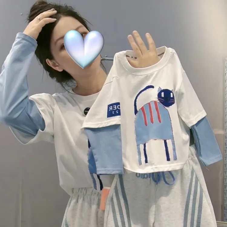 秋季新款打底男女童韩版百搭帅气卡通假两件T恤上衣时尚长袖休闲
