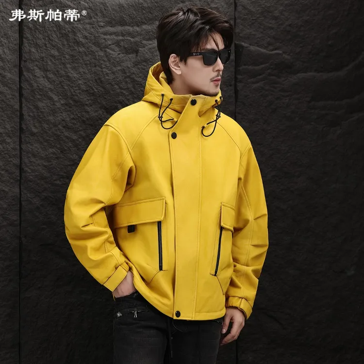 弗斯帕蒂男士皮衣连帽宽松真皮冲锋衣夹克头层牛皮休闲外套秋海宁