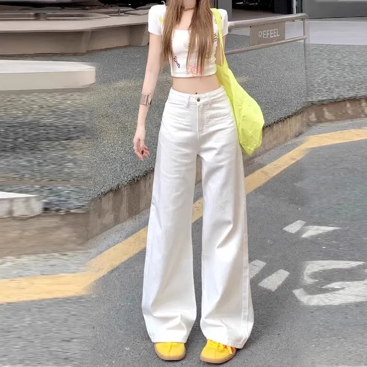 雪千羽美式白色窄版阔腿牛仔裤女夏2025新款显瘦松弛感直筒拖地裤