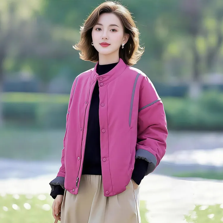 2025秋冬季时尚百搭休闲撞色气质拼接棉衣宽松立领韩版显瘦棉服女