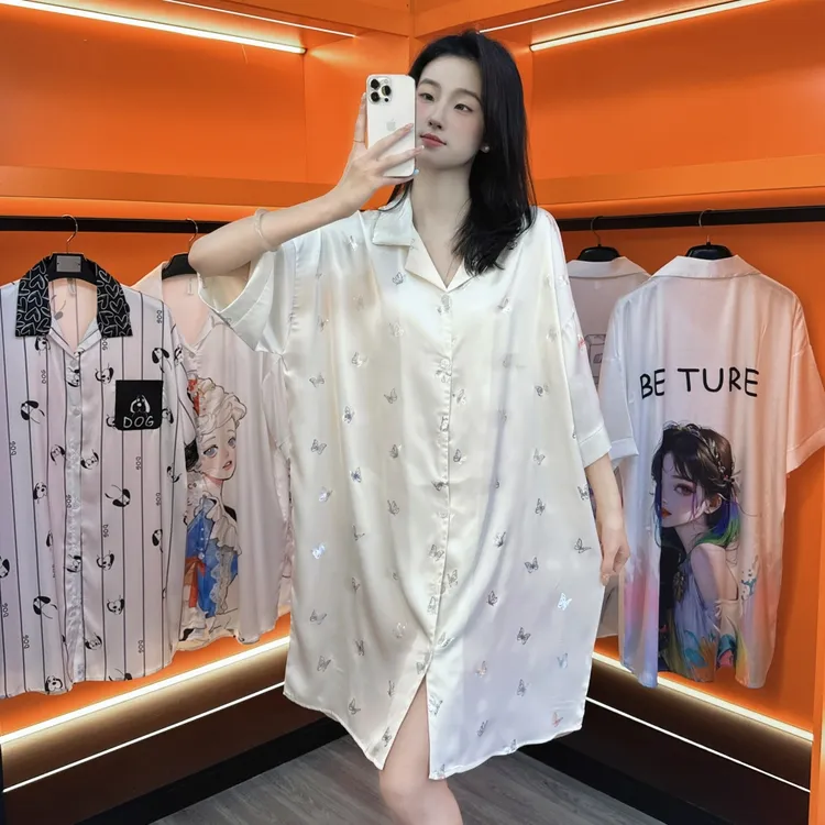 夏季睡衣性感睡裙女薄款宽松冰雪丝珠光白中长裙简约衬衫领可外穿