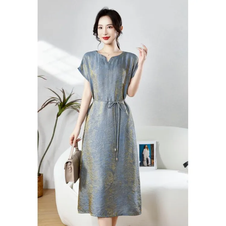 327【浮光锦】新中式连衣裙系腰带A字裙年轻款复古